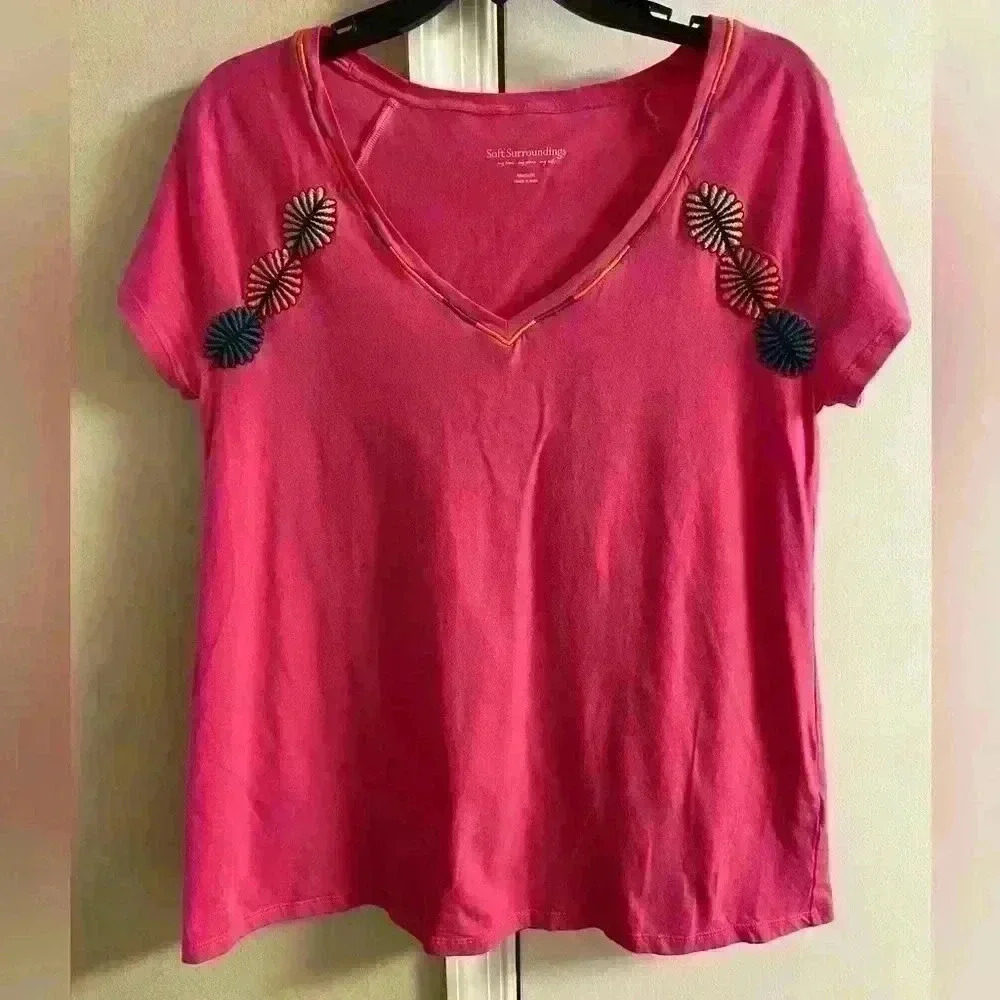 Soft surroundings t shirt v neck embroidered 100% cotton Medium